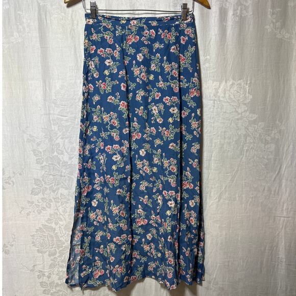 Vintage Dresses & Skirts - VTG Maxi Skirt Medium Blue Pink Floral Paul Harris Design Side Slit Zipper